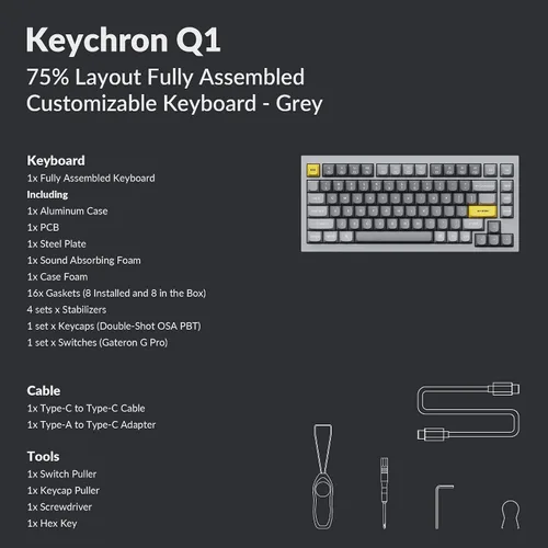 Vista 9 de Keychron Q1 75 Diseño RGB intercambiable en caliente con cable personalizado Macro programable QMKVIA con interruptor Gateron G Pro marrón junta
