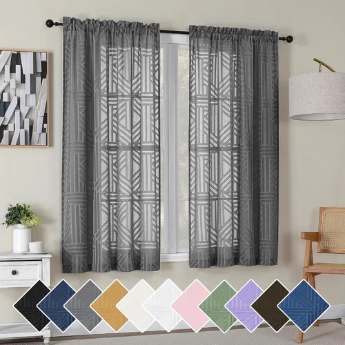 Vista 21 de Simplebrand Cortinas traslúcidas negras de cocina de 24 pulgadas de largo, 2 paneles, filtrado de luz, geométrico jacquard con textura, cortinas