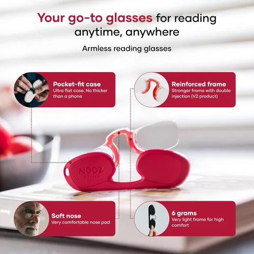 Vista 5 de NOOZ Armless Reading Glasses for Women & Men – Ultra-Lightweight 6g - Presbyopia Readers with Keychain Case - Rectangular