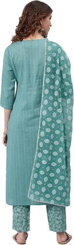 Vista 6 de Janasya Kurta de algodón azul para mujer con pantalón y estampado Dupatta