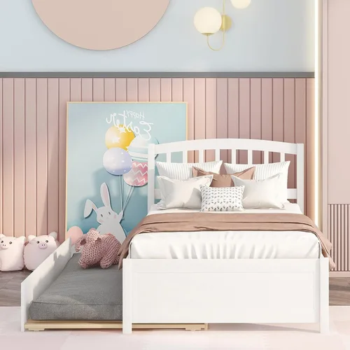 Vista 8 de Base de cama individual de madera maciza para niños con nido y cabecera curvada, base de cama de plataforma de perfil bajo con soporte de listones