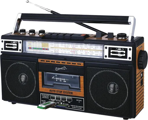 Vista 9 de Supersonic SC-3201BT - Boombox de radio de 4 bandas y reproductor de cassette, altavoz Bluetooth, radio AM/FM/SW con reproducción de MP3, tarjeta