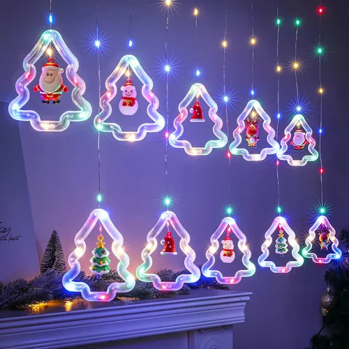 Vista 8 de BLOOMWIN Luces de Ventana de Navidad Decoraciones de Ventana Navideñas Iluminadas - Luz de Anillo en Forma de Árbol con Luz de Cortina de Ornamento