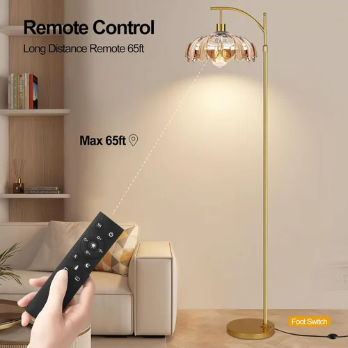Vista 4 de AHDWDW Lámpara de pie de arco dorada para sala de estar con control remoto, lámparas de pie modernas regulables con pantalla de vidrio ámbar