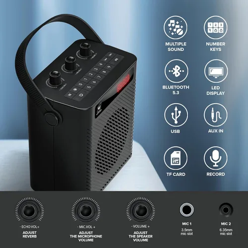 Vista 2 de Amplificador de voz Micrófono inalámbrico/micrófono de mano con 4 efectos de sonido S95 Rechargeable Portable Microphone and Speaker Set Wireless