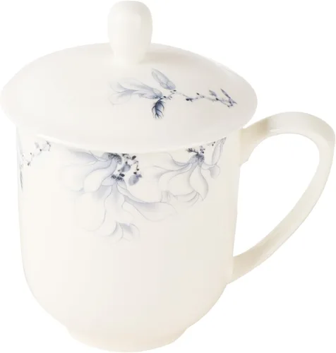 Vista 2 de Jingdezhen - Taza de té de porcelana fina con tapa de 12 onzas, taza de porcelana blanca para oficina y hogar (azul y blanco)
