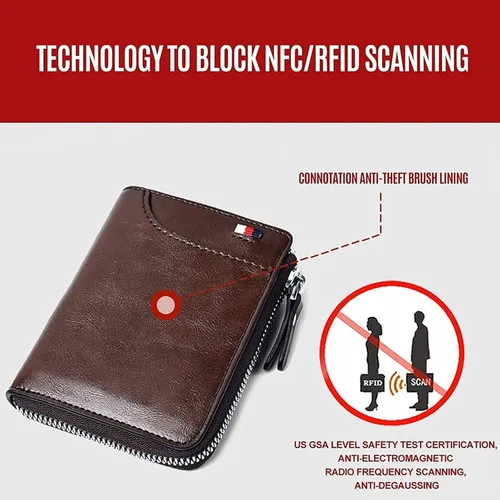 Vista 5 de Tendaisy Cartera con cierre RFID para hombre con múltiples tarjetas de crédito, Caqui, cartera Rfid