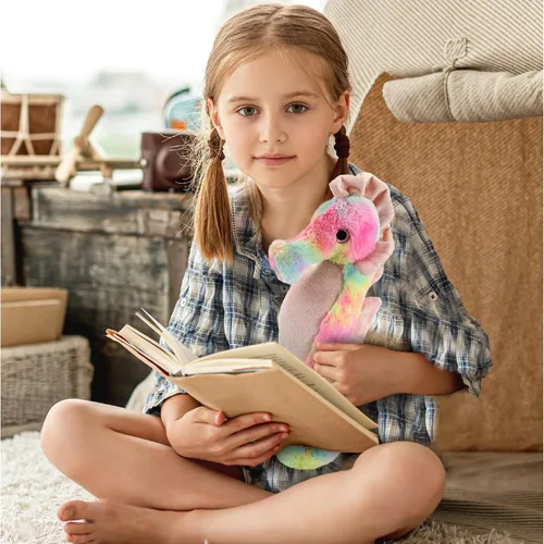 Vista 7 de DolliBu Peluche de caballito de mar arcoíris, animales de peluche súper suaves para niñas y niños, adorables criaturas marinas de peluche para niños