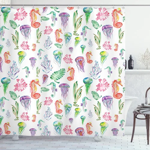 Vista 14 de Ambesonne Decor Collection, juego de cortina con ganchos para regadera Negro Verde