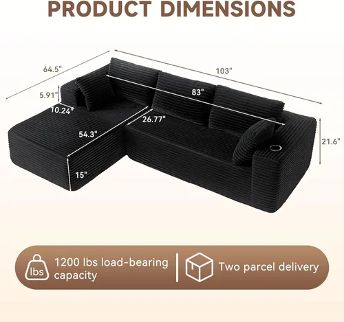 Vista 3 de Sofá modular en forma de L de 106 pulgadas con diván, sofá de pana sin hueso con reposabrazos anchos y portavasos para sala de estar y dormitorio