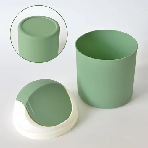 Vista 7 de Mini Cubo de Basura de Escritorio con Tapa Abatible, Elegante Papelera de Mesa con Lunares de Encaje, Cesta de Papel de Desperdicio Redonda, Pequeño
