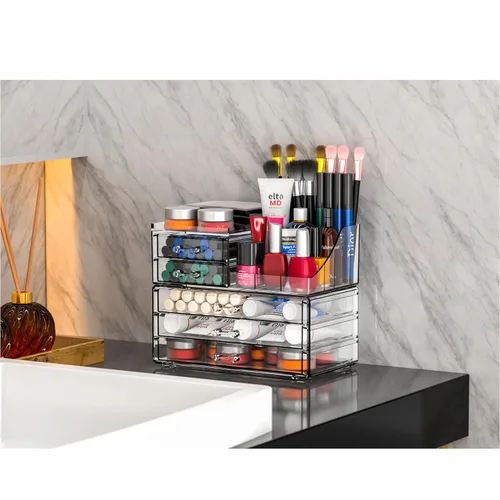 Vista 8 de Organizadores de maquillaje acrílicos transparentes y almacenamiento para tocador, organizador de cuidado de la piel para baño con 5 cajones