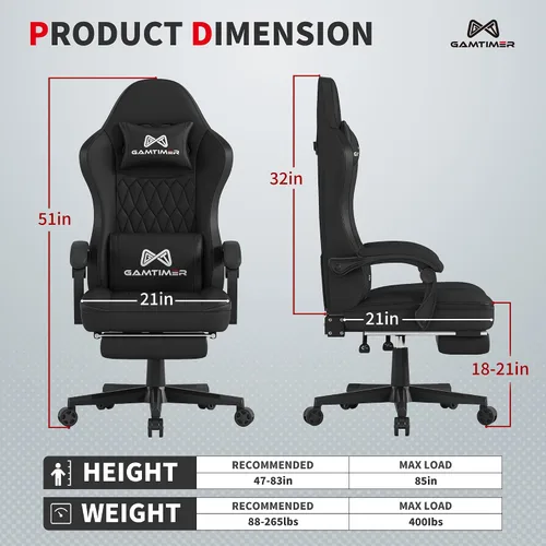 Vista 3 de Gamtimer - Silla de juegos con reposapiés, silla ergonómica para computadora, material transpirable de poliuretano con reposacabezas y soporte