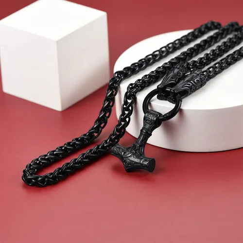Vista 9 de FaithHeart Collar punk nórdico vikingo para hombre collar grueso acero inoxidable Mjolnirnudo celta cabeza de lobo colgante de amuleto joyería