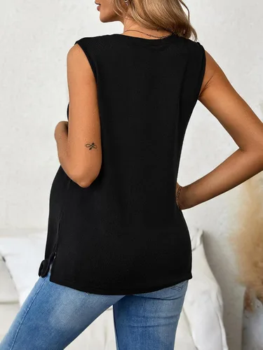 Vista 2 de OYOANGLE Camiseta de maternidad sin mangas para mujer, con dobladillo dividido, camiseta sin mangas para embarazo
