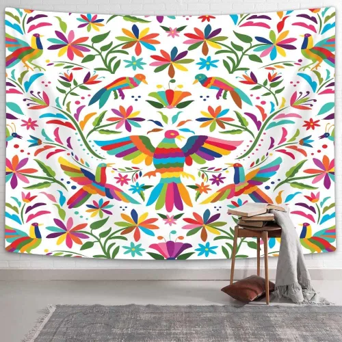 Vista 4 de Bzhilja Tapiz mexicano, tapiz tradicional mexicano con diseño de pájaro azul otomi, diseño brillante, flores de cachemira, tapiz de color étnico