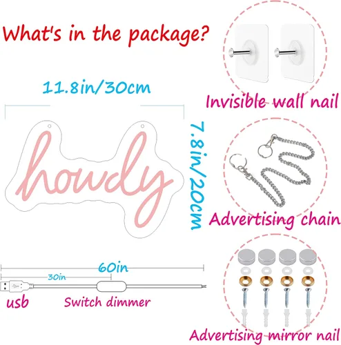 Vista 7 de Letrero de neón rosa howdy para decoración de pared, iluminación ajustable, luz de neón LED para decoración de pared de dormitorio, decoración