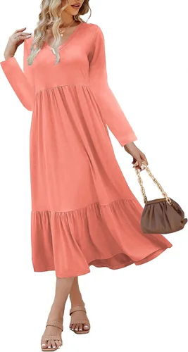 Vista 3 de Paintcolors Vestido largo casual de manga larga con cuello en V para mujer, vestido escalonado, color sólido, holgado, con vuelo, vestido midi