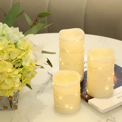 Vista 5 de H-BLOSSOM Velas de cera real sin llamas parpadeantes de marfil con luces de cadena LED incorporadas, velas con baterías con temporizador de ciclo
