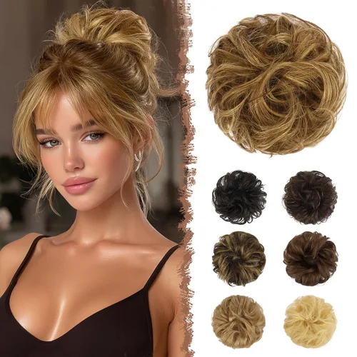 Vista 16 de FESHFEN - Extensiones de moño desordenado humano 100% cabello real, piezas de cabello rizado, extensiones de cola de caballo, cabello ondulado