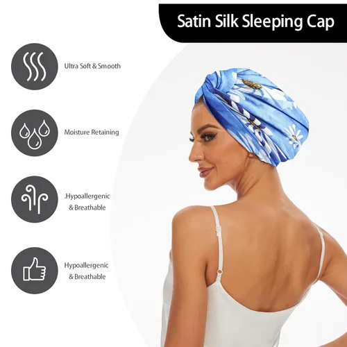 Vista 20 de Gorro de satén de seda ajustable para envolver el cabello para dormir, gorro de dormir de doble capa, turbante nocturno para cabello largo y rizado