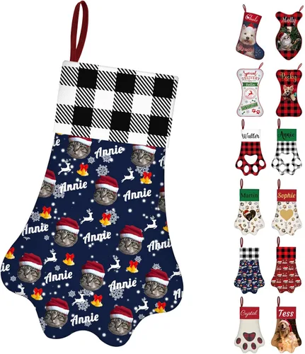 Vista 13 de Calcetines de Navidad personalizados con foto de nombre, medias personalizadas en forma de hueso para perros, gatos, mascotas, medias de Navidad