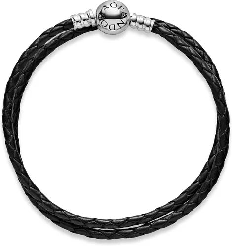 Vista 3 de PANDORA Pulsera de plata de ley con colgante de cuero negro