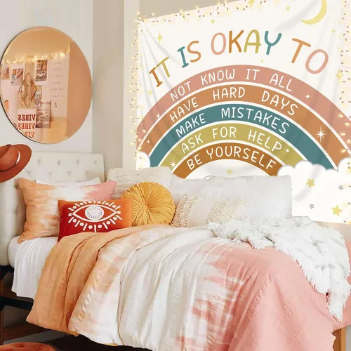 Vista 4 de Imirell Tapiz bohemio con citas positivas de arco iris, 59 pulgadas de ancho x 51 pulgadas de alto, palabras motivacionales inspiradoras para niños