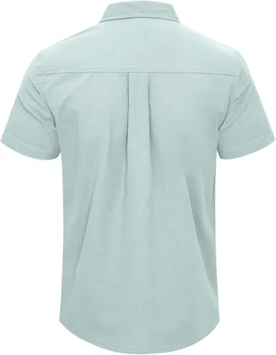Vista 5 de Camisas casuales de lino con botones de manga corta para hombre, para playa, verano, cuello extendido, con bolsillo