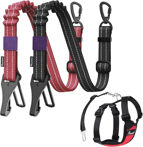 Vista 11 de Cinturón de seguridad para perros Pawaboo para coche, cinturón de seguridad para mascotas con reposacabezas y doble correa, 360° sin enredos para 2