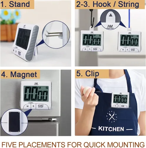 Vista 3 de Temporizador de cocina de pantalla grande de 3 pulgadas, temporizador digital, alarma magnética en una cuerda, temporizadores de cocina blancos