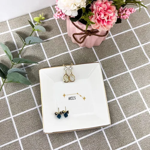 Vista 3 de XJF Aries - Plato para anillos del zodiaco, anillo o collar de astrología, bandeja de cerámica para baratijas, regalos de constelación para mujeres