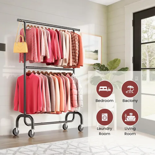 Vista 7 de Perchero resistente para dormitorio, perchero con ruedas de altura ajustable de 6 niveles, ruedas con bloqueo, perchero portátil para sala de estar