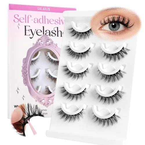 Vista 20 de CALAILIS Pestañas autoadhesivas, 5 pares de pestañas postizas a presión de aspecto natural, sin pegamento, reutilizables, pestañas postizas