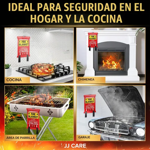 Vista 5 de JJ CARE Manta contra incendios – 2 paquetes con ganchos y guantes – Manta de emergencia contra incendios para el hogar y la cocina, mantas