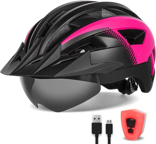Vista 15 de Casco de bicicleta para adultos con visera y gafas para hombres y mujeres, casco de bicicleta de montaña y carretera, casco de ciclismo con luz