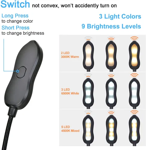 Vista 2 de Luz de libro recargable: luz LED de libro con clip para leer en la cama, ajustable de 3 colores y 3 brillos - Lámpara de lectura para el cuidado
