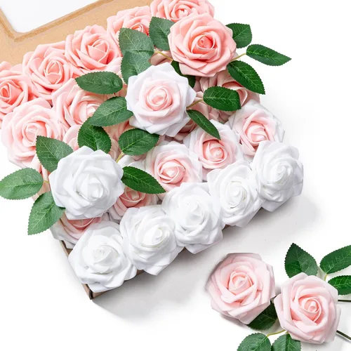 Vista 9 de Aegero Flores artificiales, 25 rosas falsas de espuma con tallos para ramos de boda, centros de mesa de despedida de soltera, arreglos, mesas