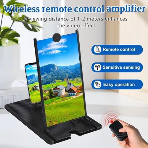 Vista 2 de Lupa de pantalla de 14 pulgadas para teléfono celular con control remoto Bluetooth, proyector ampliador de pantalla de aumento 3D HD para películas