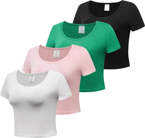 Vista 2 de Formeet17 4 piezas de camisetas cortas básicas con cuello redondo y manga casquillo para mujer