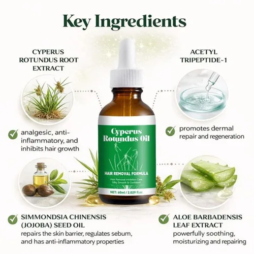 Vista 4 de Cyperus Rotundus - Aceite de depilación de 2.1 fl oz, inhibidor natural del crecimiento del cabello para mujeres y hombres, tratamiento de reducción