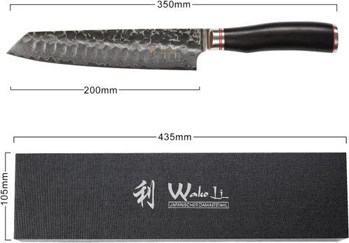 Vista 7 de Wakoli EBO - Cuchillo Kiritsuke para barbacoa, 7.9 pulgadas VG10 Damasco, mango de roble oscuro Damascus kitchen knife with an angled-tip blade