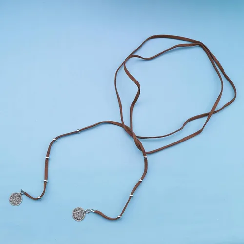 Vista 3 de Collar largo vintage de gamuza Vagan marrón Boho cuero Wrap Gargantilla Collar de cuero disco moneda collar suéter cadena joyería para mujeres
