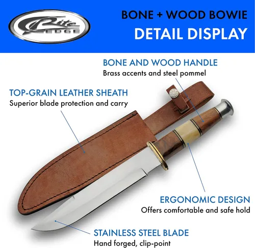 Vista 2 de SZCO Cuchillo de caza Full Tang de 10 pulgadas, cuchillo de bolsillo con hoja de acero inoxidable, mango de hueso y funda de cuero, cuchillo