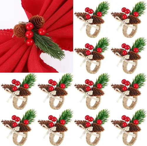 Vista 8 de Geiserailie - 12 servilleteros de Navidad, conos de pino, flor de pascua, calabaza, servilleteros de madera, decoración para Navidad, Acción