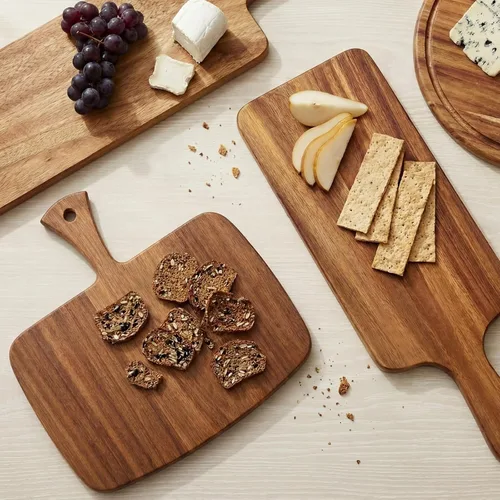 Vista 3 de Nuenen Tabla de cortar de madera con mango de 12 x 11 x 0.47 pulgadas, tablas de cortar de madera de bambú de acacia para cocina, pizza, pan, queso