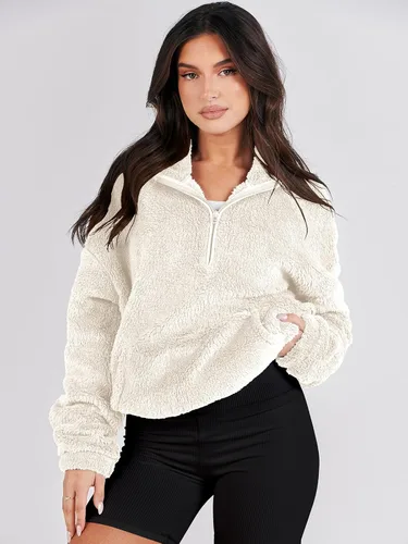 Vista 6 de ANRABESS Sudadera de manga larga para mujer, de gran tamaño, con media cremallera, forro polar, suave, con bolsillos