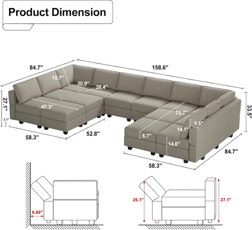 Vista 2 de Belffin Sofá modular de gran tamaño con tumbonas dobles en forma de U, sofá seccional reversible con almacenamiento de terciopelo gris
