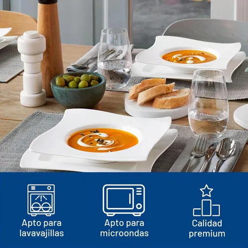Vista 4 de Villeroy & Boch NewWave - Vajilla básica de 30 piezas, color blanco Porcelain dinnerware set, NewWave wave design, dishwasher and microwave safe