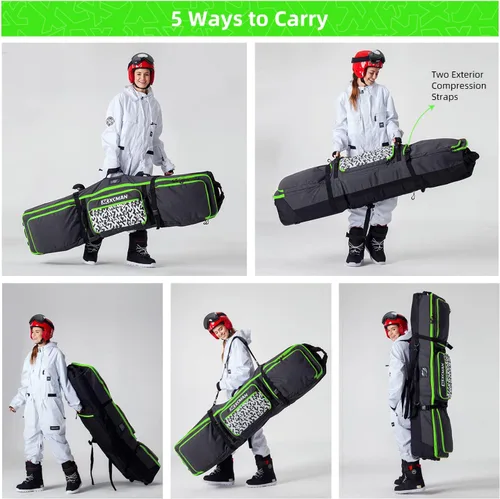 Vista 6 de XCMAN Bolsa de snowboard con ruedas, longitud ajustable, extra larga/ancha/profunda, impermeable, con varillas de protección 140L